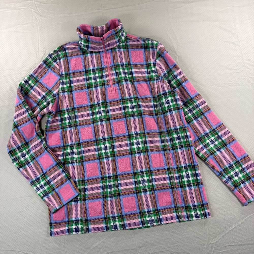 Lands' End Girls M 10-12 Pink Blue Plaid Fleece Quarter Zip Pullover Sweater